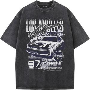 imageUOUA Mens Graphic Tees Vintage Oversized TShirts Casual Acid Wash Cotton Streetwear S2XLRacerblack