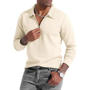 imageUOUA Mens Polo Shirt Quarter Zip Tops Soild Casual Geometric Texture Long Sleeve Sweaters Pullover Golf SweatshirtsApricot