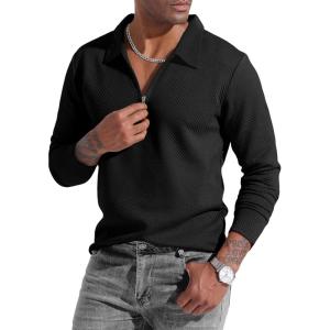 imageUOUA Mens Polo Shirt Quarter Zip Tops Soild Casual Geometric Texture Long Sleeve Sweaters Pullover Golf SweatshirtsBlack