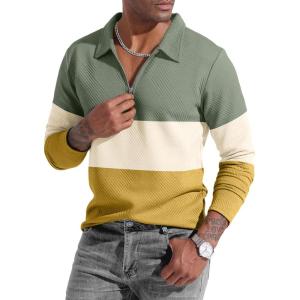 imageUOUA Mens Polo Shirt Quarter Zip Tops Soild Casual Geometric Texture Long Sleeve Sweaters Pullover Golf SweatshirtsGreen Block