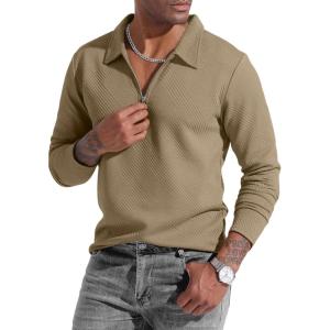 imageUOUA Mens Polo Shirt Quarter Zip Tops Soild Casual Geometric Texture Long Sleeve Sweaters Pullover Golf SweatshirtsKhaki