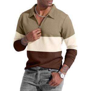 imageUOUA Mens Polo Shirt Quarter Zip Tops Soild Casual Geometric Texture Long Sleeve Sweaters Pullover Golf SweatshirtsKhaki Block