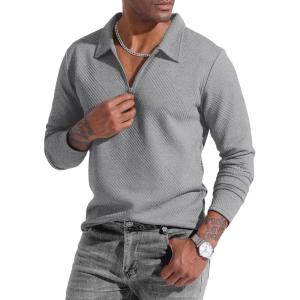 imageUOUA Mens Polo Shirt Quarter Zip Tops Soild Casual Geometric Texture Long Sleeve Sweaters Pullover Golf SweatshirtsMottle Grey