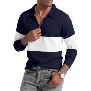 imageUOUA Mens Polo Shirt Quarter Zip Tops Soild Casual Geometric Texture Long Sleeve Sweaters Pullover Golf SweatshirtsNavy Block
