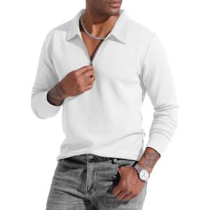 imageUOUA Mens Polo Shirt Quarter Zip Tops Soild Casual Geometric Texture Long Sleeve Sweaters Pullover Golf SweatshirtsWhite