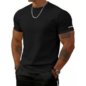 imageUOUA Mens Short Sleeves Sweatshirt Ribbed Texture Crew Neck Tee TopsBlack