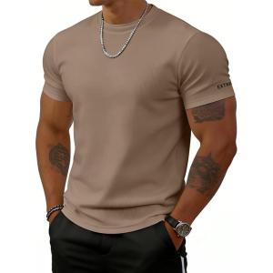 imageUOUA Mens Short Sleeves Sweatshirt Ribbed Texture Crew Neck Tee TopsKhaki