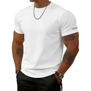 imageUOUA Mens Short Sleeves Sweatshirt Ribbed Texture Crew Neck Tee TopsWhite