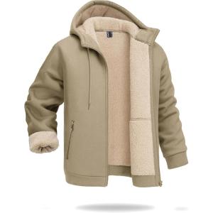 imageBoladeci Mens Sherpa Lined Hoodie Jacket Winter Warm Heavy Weight Zip Up Hooded Sweatshirt Thick Fleece CoatsKhaki