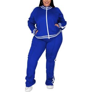 image:imageUOUA Womens Plus Size Jogging Suit 2 Piece Sweatsuit Long Sleeves Jacket amp Pants Two Piece Track Set OutfitStripe Blue