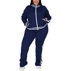 image:imageUOUA Womens Plus Size Jogging Suit 2 Piece Sweatsuit Long Sleeves Jacket amp Pants Two Piece Track Set OutfitStripe Navy