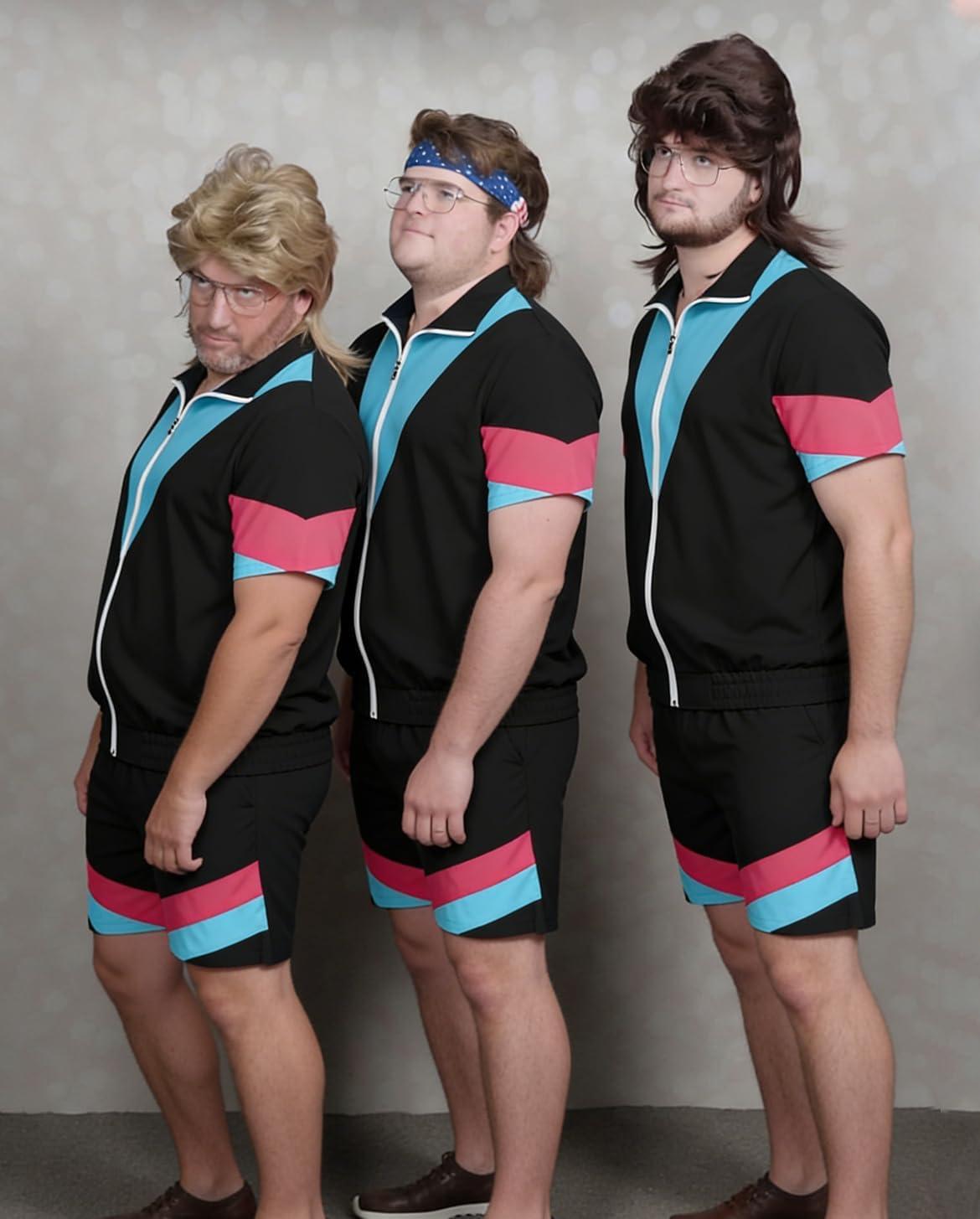 image:imageUOUA 80s Outfit for Men 90s Color Block Costumes 2 Piece Retro Short Sleeve Jacket amp Shorts Set for PartyBlack