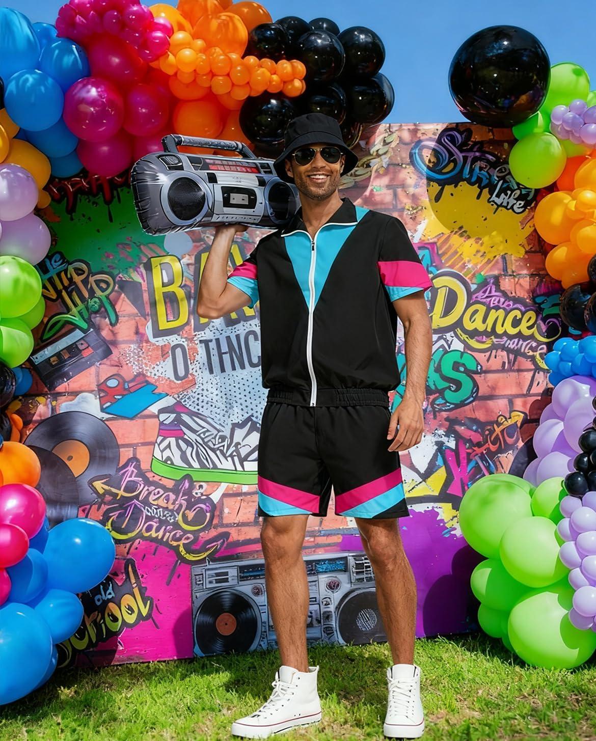 image:imageUOUA 80s Outfit for Men 90s Color Block Costumes 2 Piece Retro Short Sleeve Jacket amp Shorts Set for PartyBlack