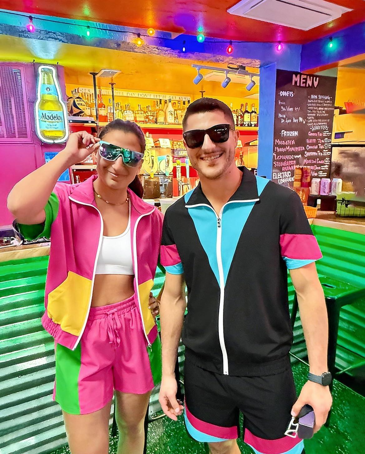 image:imageUOUA 80s Outfit for Men 90s Color Block Costumes 2 Piece Retro Short Sleeve Jacket amp Shorts Set for PartyBlack
