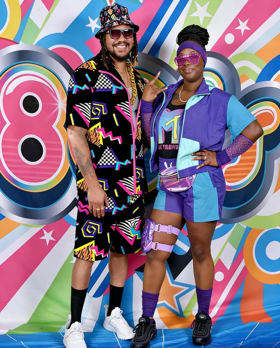 image:imageUOUA 80s Outfit for Men 90s Color Block Costumes 2 Piece Retro Short Sleeve Jacket amp Shorts Set for PartyBlackprint