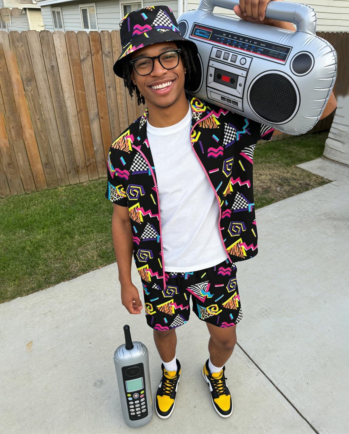 image:imageUOUA 80s Outfit for Men 90s Color Block Costumes 2 Piece Retro Short Sleeve Jacket amp Shorts Set for PartyBlackprint