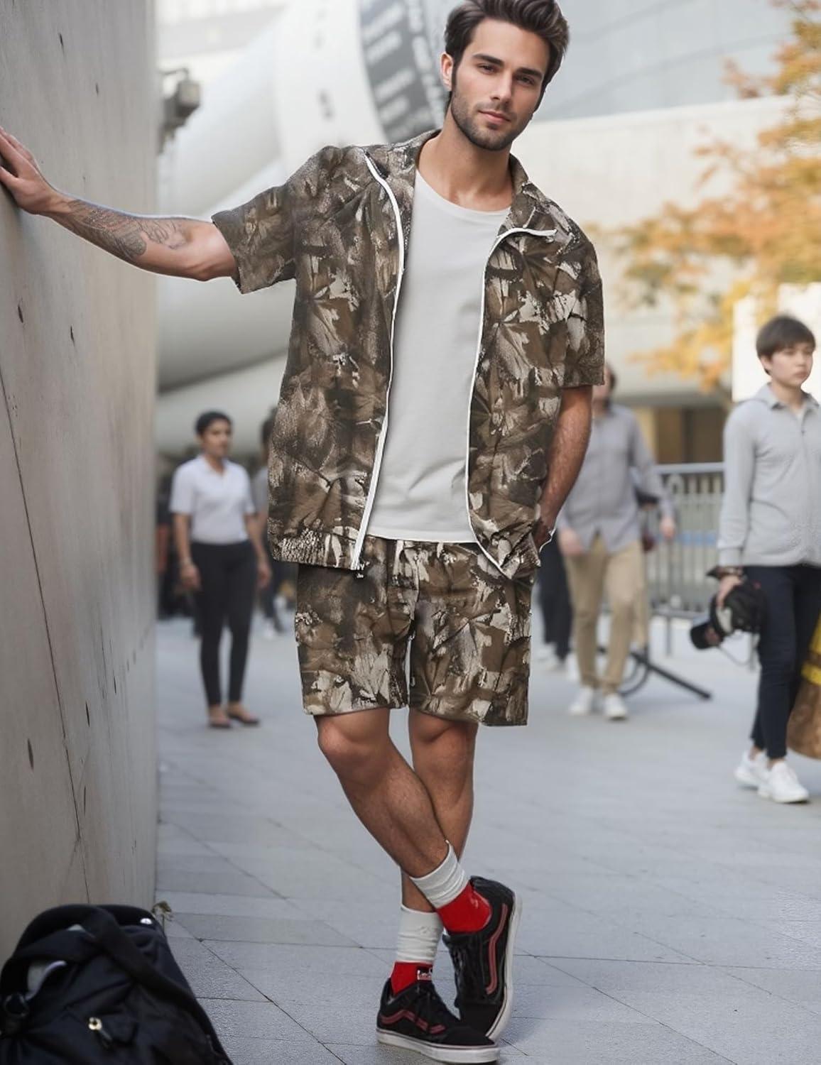 image:imageUOUA 80s Outfit for Men 90s Color Block Costumes 2 Piece Retro Short Sleeve Jacket amp Shorts Set for PartyBrown Leaves