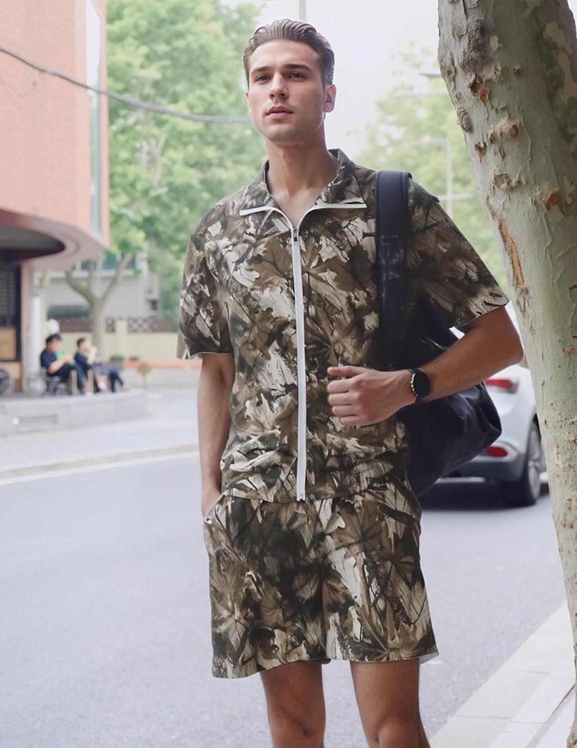 image:imageUOUA 80s Outfit for Men 90s Color Block Costumes 2 Piece Retro Short Sleeve Jacket amp Shorts Set for PartyBrown Leaves