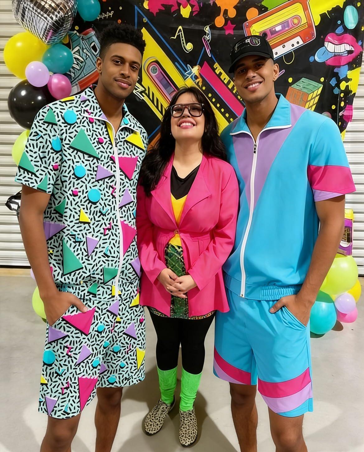 image:imageUOUA 80s Outfit for Men 90s Color Block Costumes 2 Piece Retro Short Sleeve Jacket amp Shorts Set for PartyGreenishprint