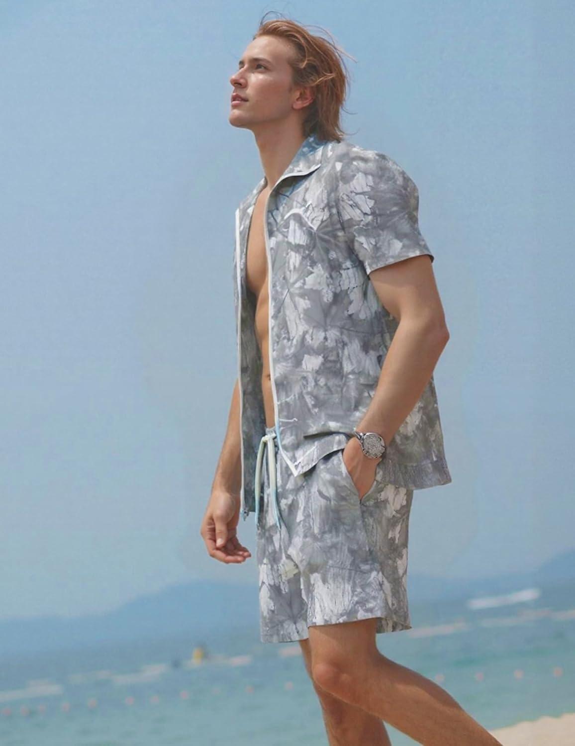image:imageUOUA 80s Outfit for Men 90s Color Block Costumes 2 Piece Retro Short Sleeve Jacket amp Shorts Set for PartyGrey Leaves
