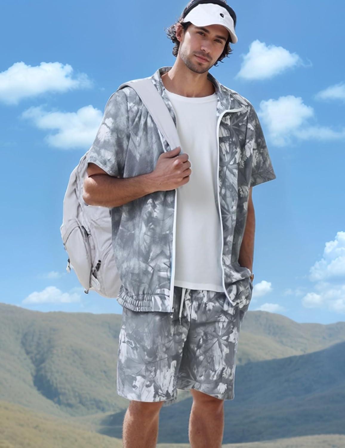 image:imageUOUA 80s Outfit for Men 90s Color Block Costumes 2 Piece Retro Short Sleeve Jacket amp Shorts Set for PartyGrey Leaves