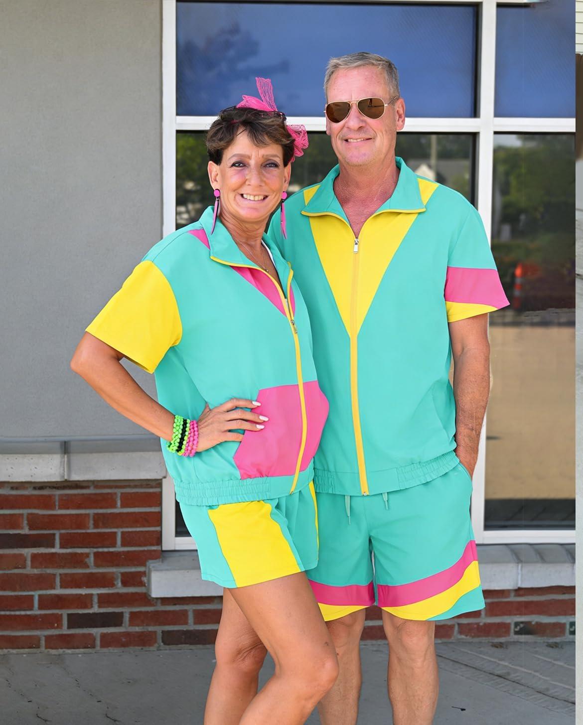 image:imageUOUA 80s Outfit for Men 90s Color Block Costumes 2 Piece Retro Short Sleeve Jacket amp Shorts Set for PartyMintgreen