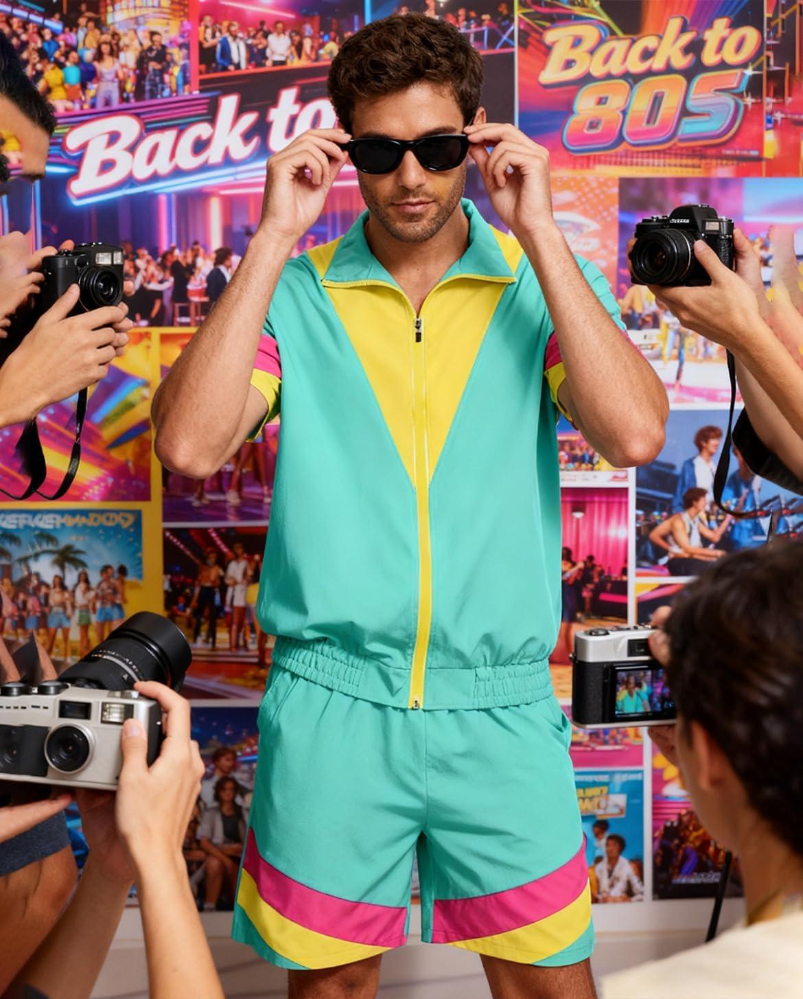 image:imageUOUA 80s Outfit for Men 90s Color Block Costumes 2 Piece Retro Short Sleeve Jacket amp Shorts Set for PartyMintgreen