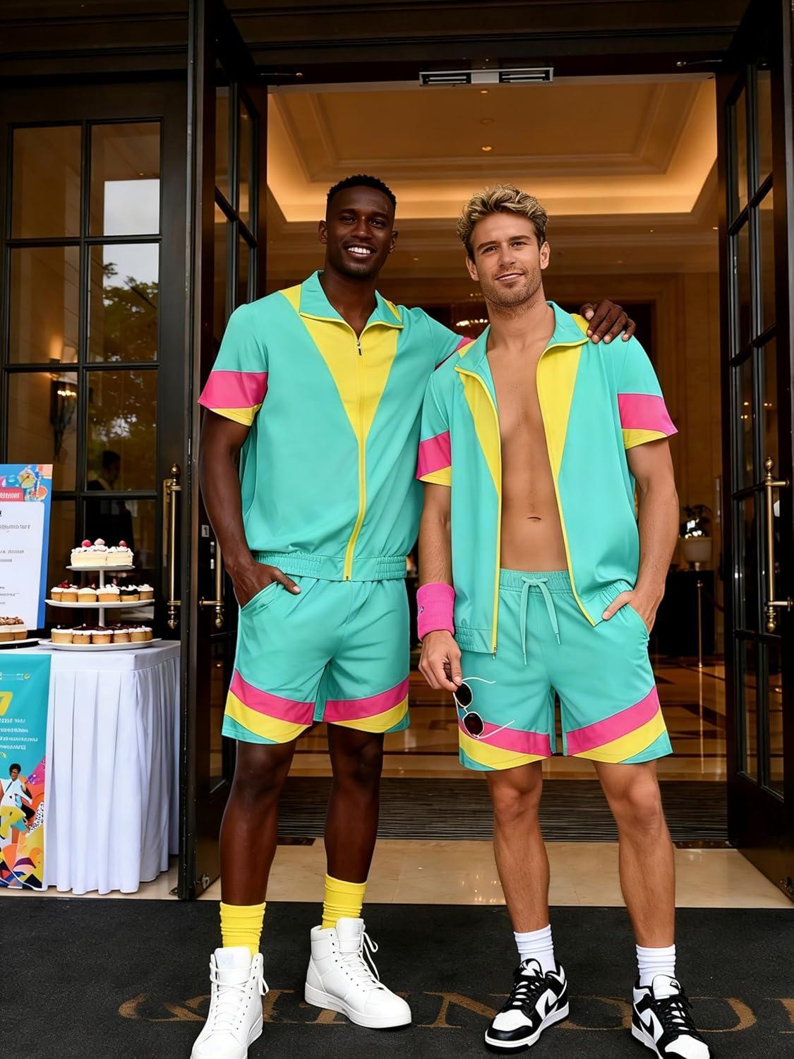 image:imageUOUA 80s Outfit for Men 90s Color Block Costumes 2 Piece Retro Short Sleeve Jacket amp Shorts Set for PartyMintgreen