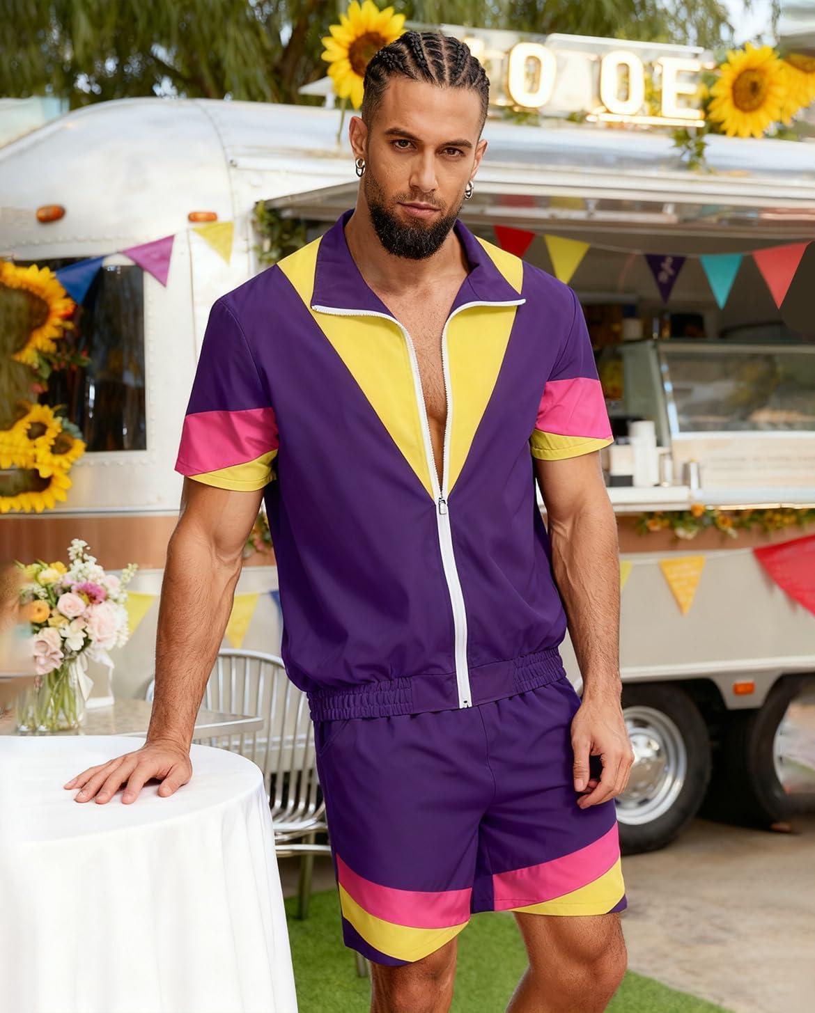 image:imageUOUA 80s Outfit for Men 90s Color Block Costumes 2 Piece Retro Short Sleeve Jacket amp Shorts Set for PartyViolet