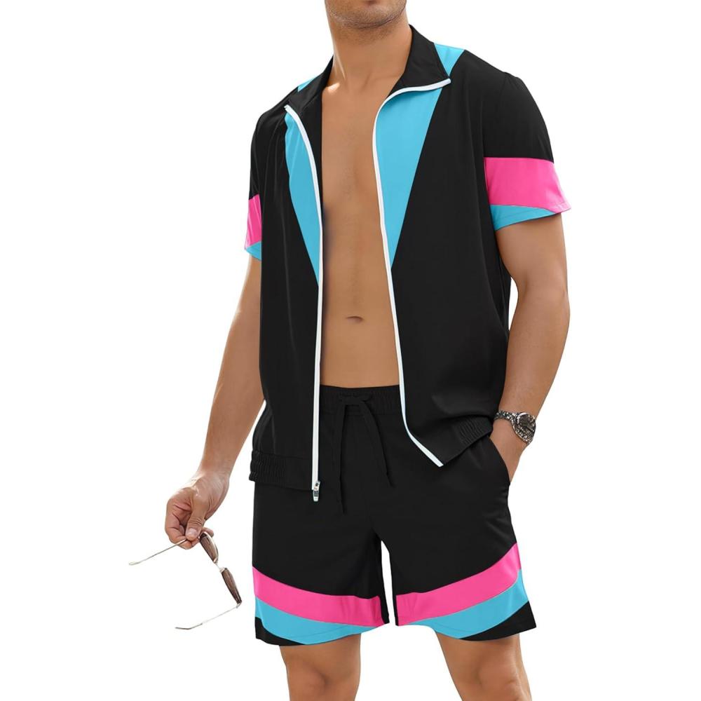 image:imageUOUA 80s Outfit for Men 90s Color Block Costumes 2 Piece Retro Short Sleeve Jacket amp Shorts Set for PartyBlack