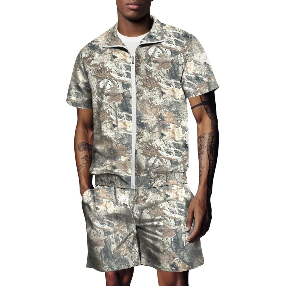 image:imageUOUA 80s Outfit for Men 90s Color Block Costumes 2 Piece Retro Short Sleeve Jacket amp Shorts Set for PartyBrown Leaves