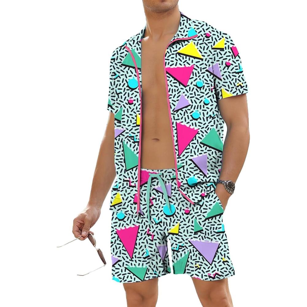 image:imageUOUA 80s Outfit for Men 90s Color Block Costumes 2 Piece Retro Short Sleeve Jacket amp Shorts Set for PartyGreenishprint