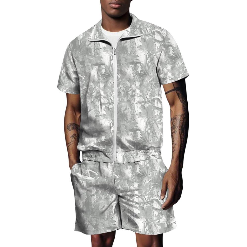 image:imageUOUA 80s Outfit for Men 90s Color Block Costumes 2 Piece Retro Short Sleeve Jacket amp Shorts Set for PartyGrey Leaves