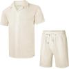 image:imageUOUA 2 Piece Short Sets for Men Summer Beach Outfits Stripe Texture Button Down Shirts amp Shorts Casual Vacation SetBeige