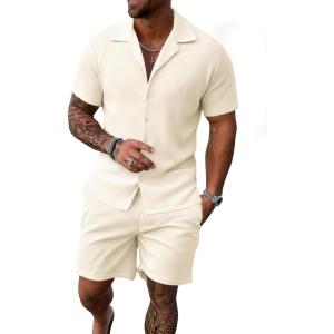 image:imageUOUA 2 Piece Short Sets for Men Summer Beach Outfits Stripe Texture Button Down Shirts amp Shorts Casual Vacation SetBeige
