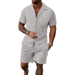 image:imageUOUA 2 Piece Short Sets for Men Summer Beach Outfits Stripe Texture Button Down Shirts amp Shorts Casual Vacation SetMottlegrey