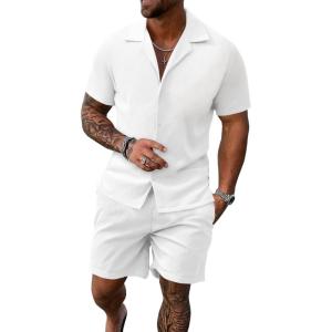 image:imageUOUA 2 Piece Short Sets for Men Summer Beach Outfits Stripe Texture Button Down Shirts amp Shorts Casual Vacation SetWhite