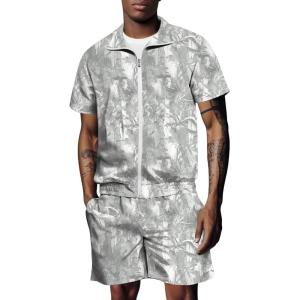 image:imageUOUA 80s Outfit for Men 90s Color Block Costumes 2 Piece Retro Short Sleeve Jacket amp Shorts Set for PartyGrey Leaves