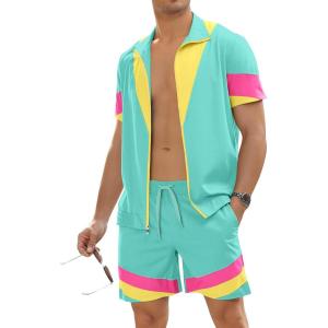 image:imageUOUA 80s Outfit for Men 90s Color Block Costumes 2 Piece Retro Short Sleeve Jacket amp Shorts Set for PartyMintgreen