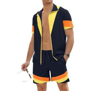 image:imageUOUA 80s Outfit for Men 90s Color Block Costumes 2 Piece Retro Short Sleeve Jacket amp Shorts Set for PartyNavy