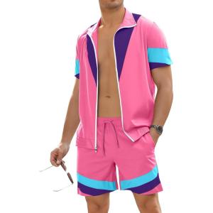image:imageUOUA 80s Outfit for Men 90s Color Block Costumes 2 Piece Retro Short Sleeve Jacket amp Shorts Set for PartyPink