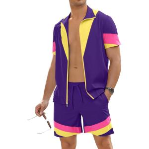 image:imageUOUA 80s Outfit for Men 90s Color Block Costumes 2 Piece Retro Short Sleeve Jacket amp Shorts Set for PartyViolet
