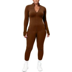 image:imageUOUA Womens Workout Set Two Piece Outfits Bodycon Long Sleeve Zipper Jacket amp Leggings for Gym TracksuitBrown