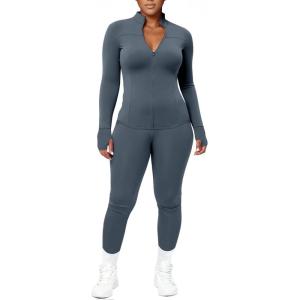 image:imageUOUA Womens Workout Set Two Piece Outfits Bodycon Long Sleeve Zipper Jacket amp Leggings for Gym TracksuitGreyblue