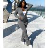 image:imageUOUA Womens 2 Piece Set Long Sleeve Jacket amp Ankle Length Workout Flare Leggings Casual Matching Outfit Tracksuit SweatsuitGrey