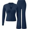 image:imageUOUA Womens 2 Piece Set Long Sleeve Jacket amp Ankle Length Workout Flare Leggings Casual Matching Outfit Tracksuit SweatsuitNavy