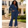 image:imageUOUA Womens 2 Piece Set Long Sleeve Jacket amp Ankle Length Workout Flare Leggings Casual Matching Outfit Tracksuit SweatsuitNavy