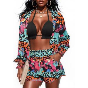 image:imageUOUA 3 Piece Swimsuits for Women Hawaiian Outfits Floral Tropical Bikini amp Short Sets Summer Beach Sexy Cover Ups Luau PartyColorful Leopard