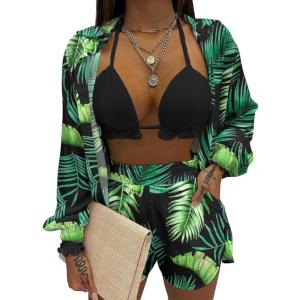 image:imageUOUA 3 Piece Swimsuits for Women Hawaiian Outfits Floral Tropical Bikini amp Short Sets Summer Beach Sexy Cover Ups Luau PartyGreen