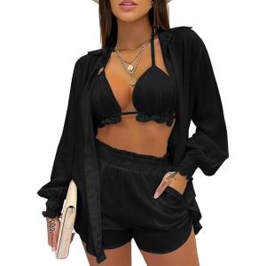 image:imageUOUA 3 Piece Swimsuits for Women Hawaiian Outfits Floral Tropical Bikini amp Short Sets Summer Beach Sexy Cover Ups Luau PartySolid Black